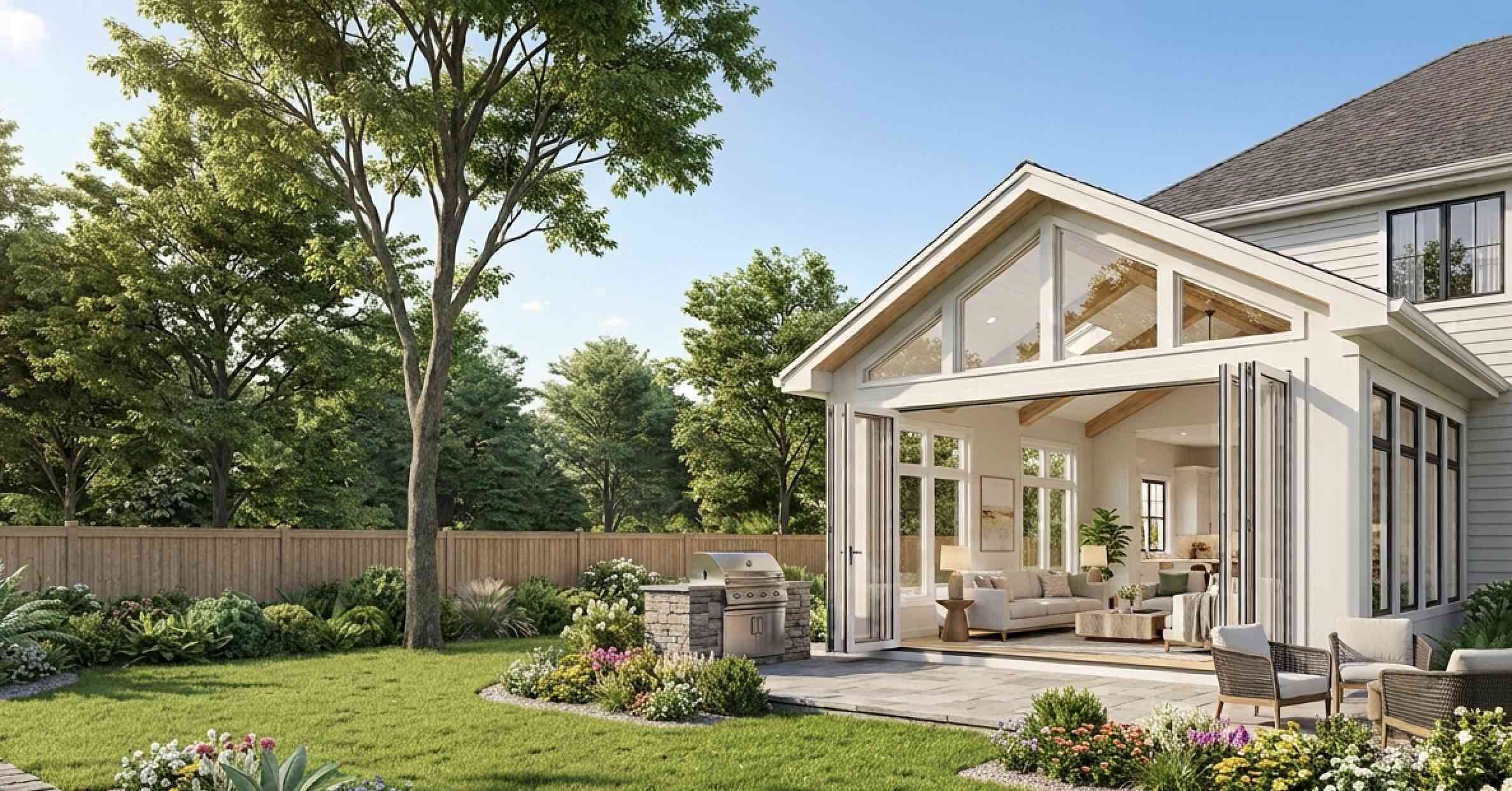 A wide photograph of a luxury home addition with open folding glass doors revealing a modern living room, looking out onto a spacious stone patio, outdoor grill station, and fenced backyard with mature trees.