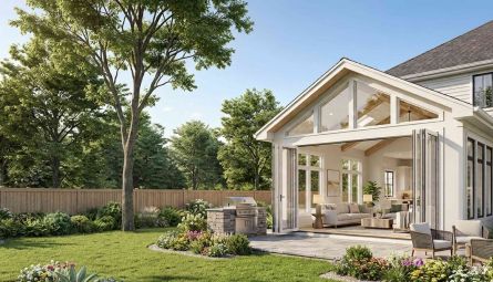 A wide photograph of a luxury home addition with open folding glass doors revealing a modern living room, looking out onto a spacious stone patio, outdoor grill station, and fenced backyard with mature trees.